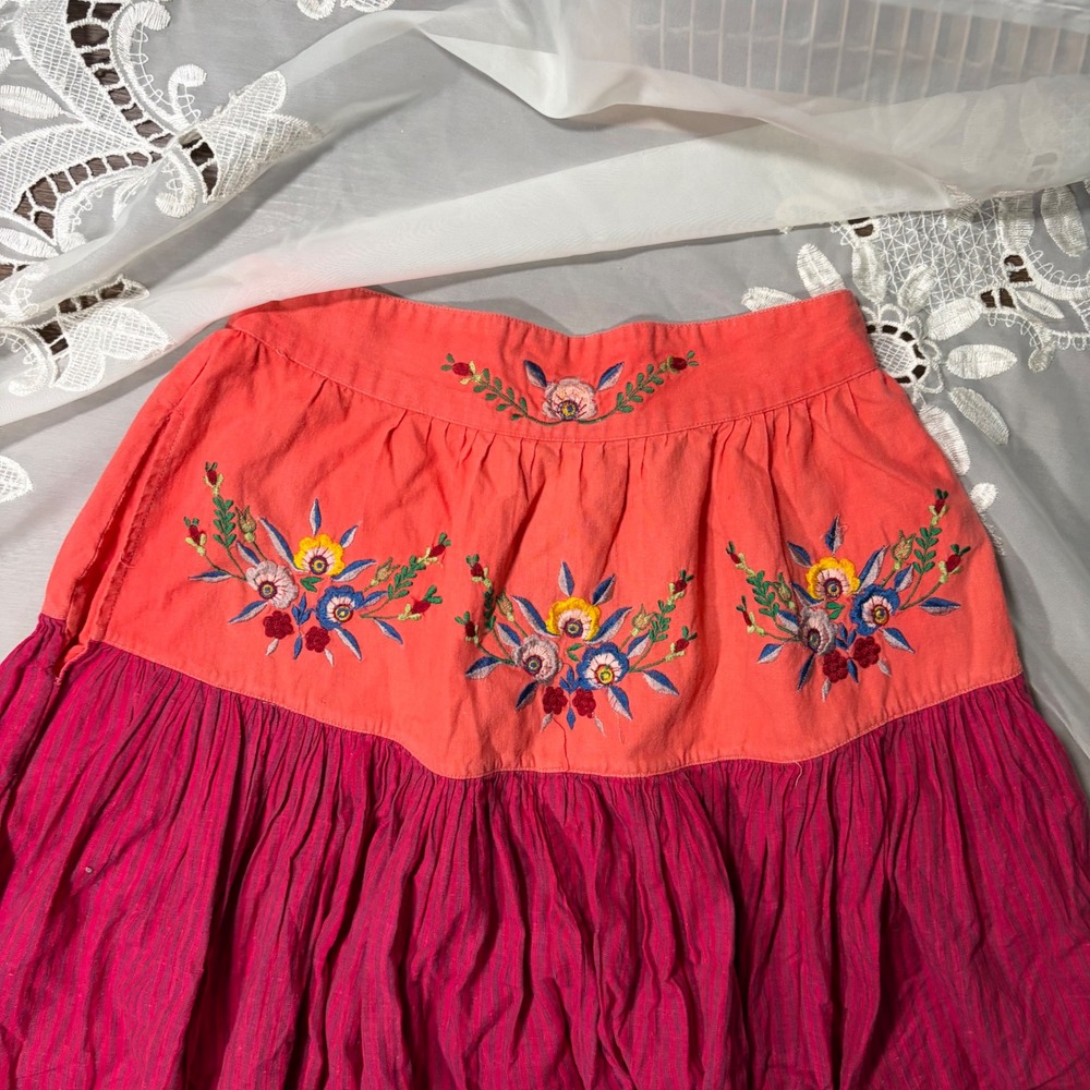 Insane Boho Y2K Fairy Cottage Pink Floral Embroidered Cotton Midi Skirt S - Picture 2 of 8